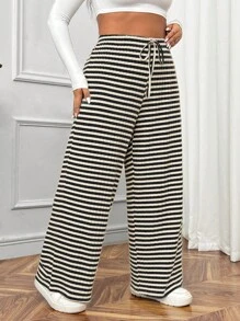 SHEIN EZwear Plus Size Casual Striped Straight Leg Pants, Autumn