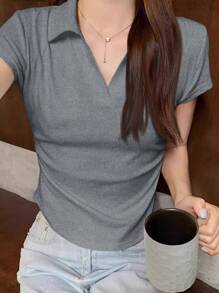 SHEIN Essnce V 领短袖 T 恤，女式夏季修身短款 Polo 衫