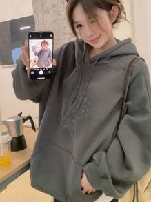 DAZY 女士长袖连帽印花休闲运动衫、秋季连帽衫、长袖上衣 - 灰色 - 查看 7