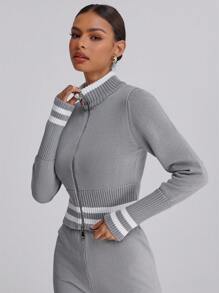 Forever 21 Simple Plain & Zip Front Long Sleeve Top, Casual Everyday Wear - Grey - View 1