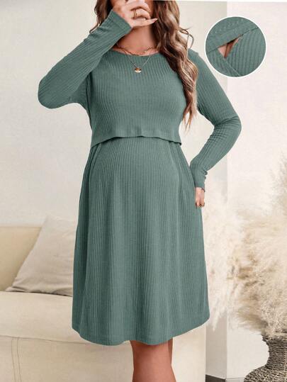 SHEIN Abito casual semplice e lungo per allattamento, a maniche lunghe e collo tondo, in tinta unita, adatto per la maternità