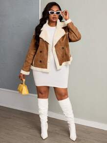 Slaydiva Plus Size Casual Double-Breasted Fluffy Jacket, Autumn/Winter - Coffee Brown - View 2