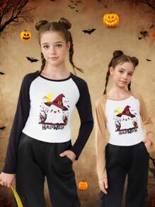 2pcs Girls Casual Raglan Sleeve Colorblock Tee, Halloween Ghost Cartoon Print - Multicolor - View 7