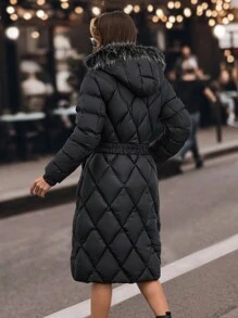 RueChic Áo khoác dài có đệm lông có thắt lưng cho mùa đông - màu đen - Xem 2