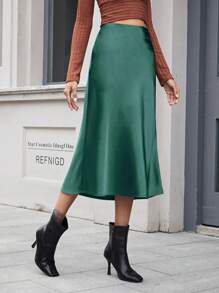 EURMUSE Solid Color High Waist Skirt - Dark Green - View 4