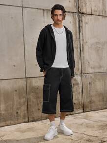 Forever 21 Quần lửng ống rộng thoải mái cho nam đi dạo phố có đường khâu tương phản màu đen, phù hợp cho mùa hè - màu đen - Xem 6