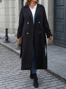 SHEIN LUNE 大码休闲翻领双排扣轻便风衣，适合秋季户外穿着 - 黑色 - 查看 4