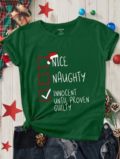 SHEIN LUNE Plus Size Women's Merry Christmas Slogan NICE NAUGHTY INNOCENT UNTIL PROVEN Pattern Printed T-Shirt Graphic Tees Women Tops