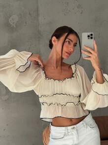 Aloruh 女士浪漫约会杏色长款泡泡袖撞色饰边分层开衩下摆衬衫