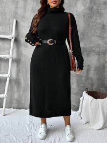 SHEIN VCAY Đầm dài tay cổ cao màu đen cỡ lớn cho nữ, giản dị và thoải mái, mùa thu/đông - màu đen - Xem 1