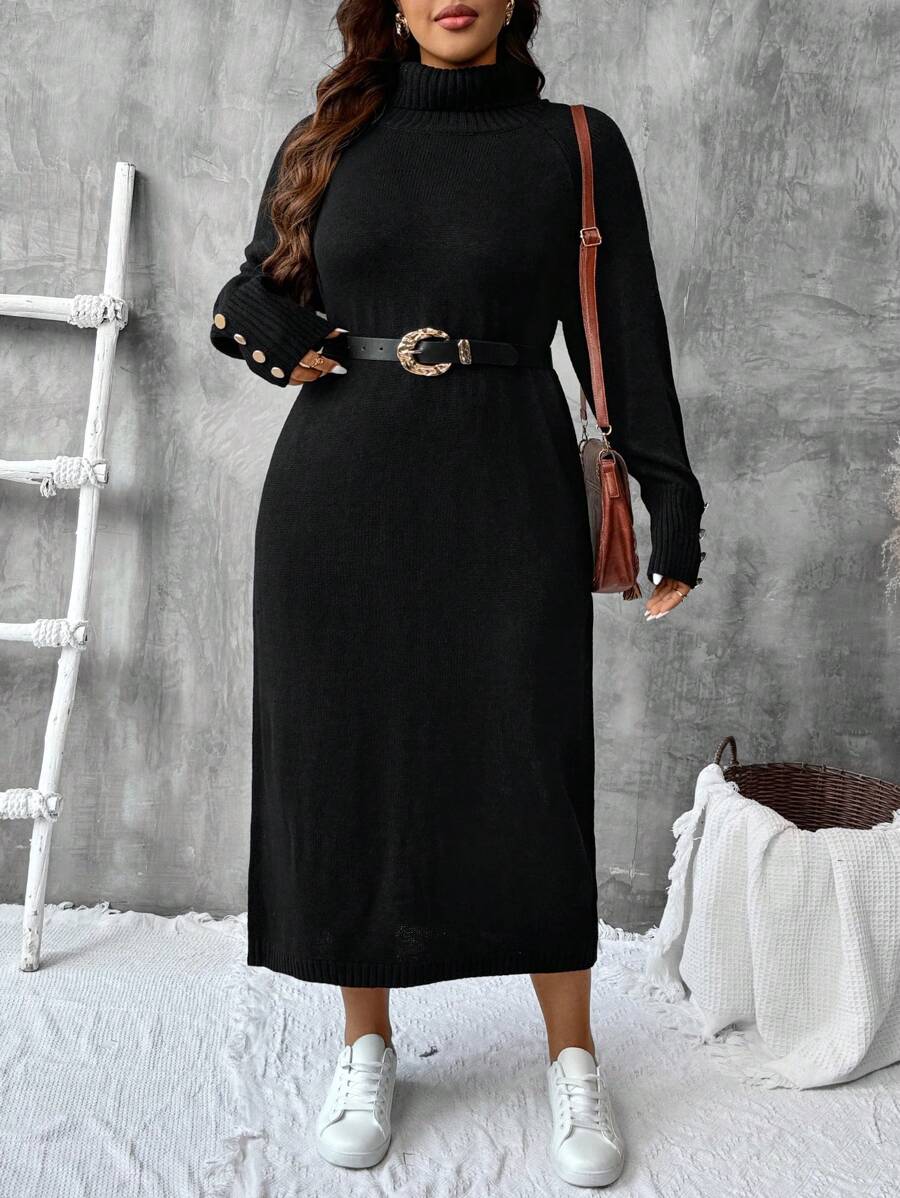 SHEIN VCAY Đầm dài tay cổ cao màu đen cỡ lớn cho nữ, giản dị và thoải mái, mùa thu/đông - màu đen - Xem 1