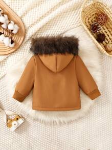 Babyjongen Winter Thermische Gevoerde Capuchon Ritsjack Met Pluizige Kraag En Zakken, Warm En Modieus