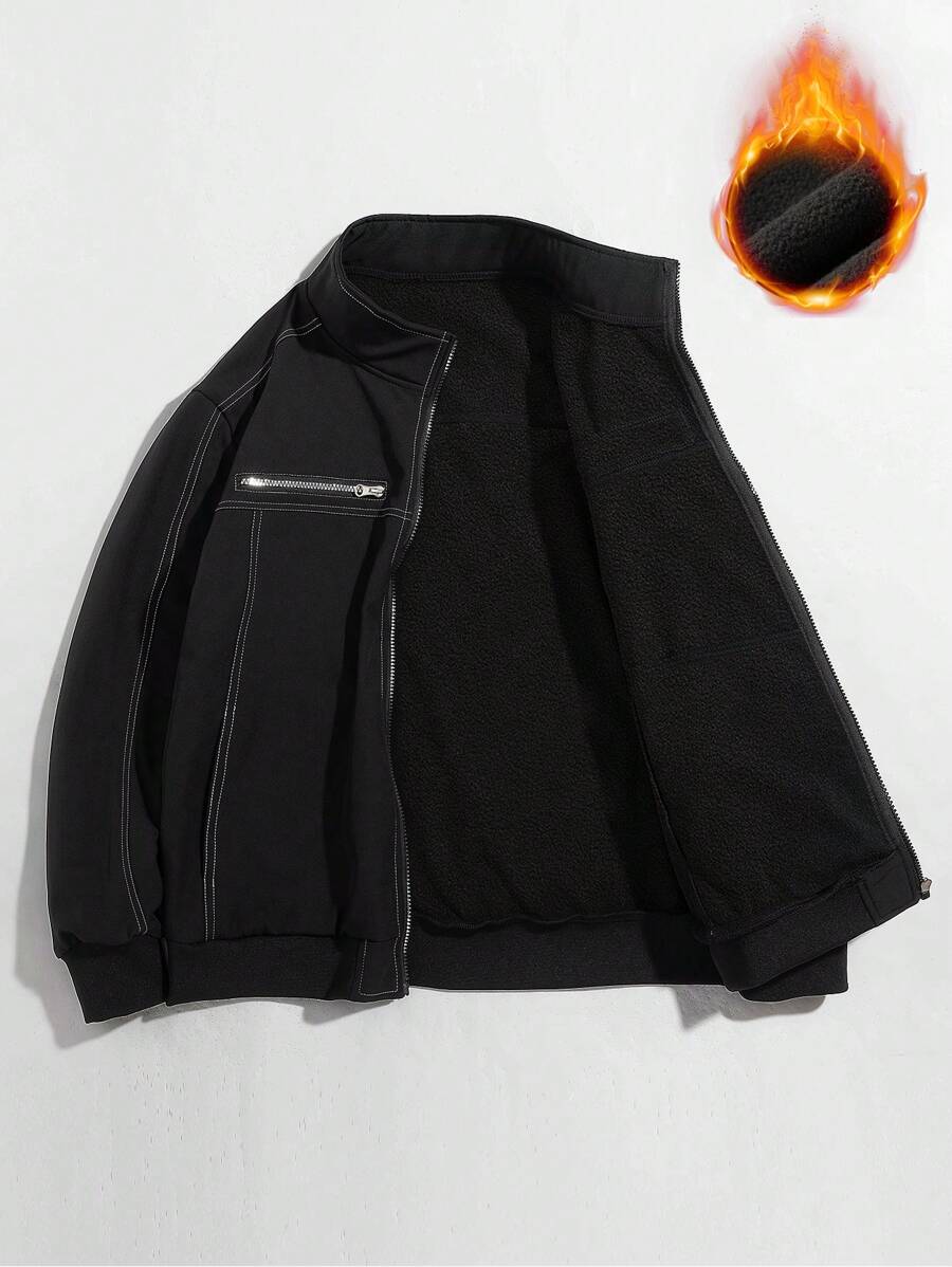 Manfinity Homme 男士纯色拉链保暖长袖夹克，秋冬 - 黑色 - 查看 1