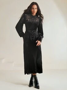 Anewsta Women Stand Collar Lantern Sleeve Lace Embroidery Velvet Blouse And Straight Skirt 2pcs Suit Set, Autumn/Winter - Black - View 1