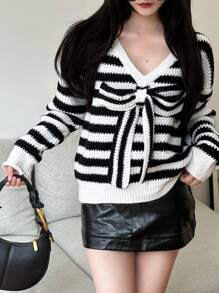 SHEIN Unity Women's Casual Colorblock Striped Bow Decor Sweater, Autumn/Winter