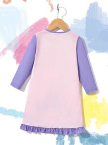 Nick 90s | SHEIN Young Girls Rugrats Cartoon Cute Little Girl Print Pink Purple Colorblock Contrast Color Processing Ruffle Hem Nightgown,Autumn/Winter - Mauve Purple - View 2