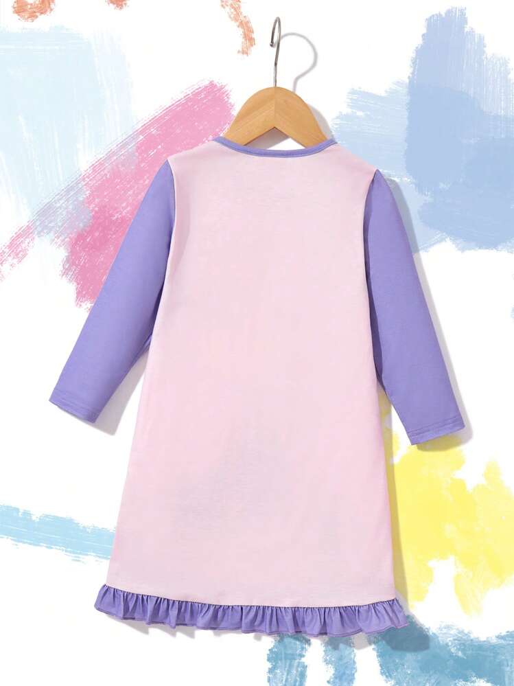 Nick 90s | SHEIN Váy ngủ viền bèo nhún in họa tiết dễ thương Colorblock cho bé gái - Màu tím hoa cà - Xem 2