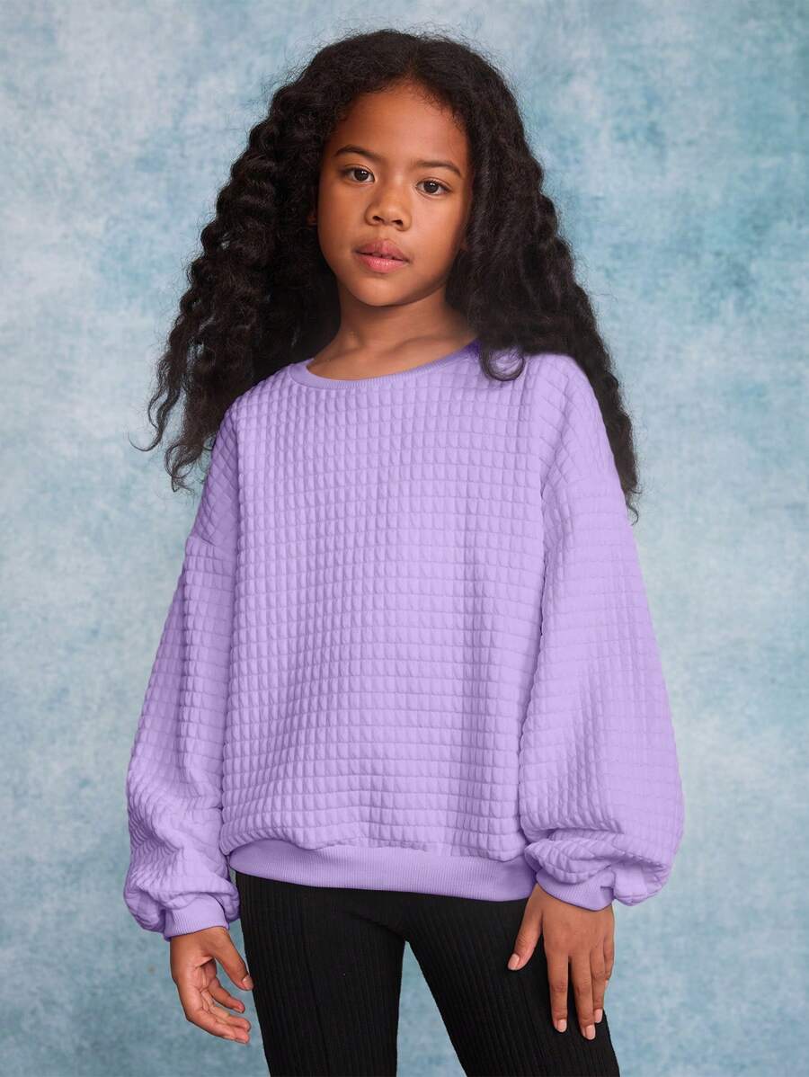SHEIN Tween Girls' Loose Fit Textured Crew Neck Long Sleeve Sweatshirt,In Fall/Winter - Mauve Purple - View 1