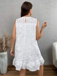 Breezaya Plus Size Women Crew Neck Floral Embroidered Ruffle Hem Sleeveless Casual Dress - White - View 2