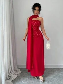 Rafferiza Elegancka czerwona sukienka na imprezę świąteczną, długa suknia z odkrytymi ramionami i odpinanym trenem na noworoczne ubrania Maxi dla kobiet