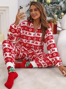 SHEIN Privé Áo nỉ rộng rãi in hình tuần lộc và bông tuyết mùa thu cho nữ - Màu be - Xem 3
