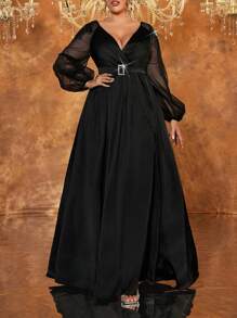 SHEIN Belle Plus Size Black Handmade Embroidered 3D Pearls Satin & Denim A-Line Slit Elegant Formal Evening Gown, Long Sleeve Prom Dress, For Wedding Guest, Graduation, Dinner