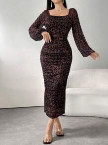 Modelyn Leopard Print Pleated Square Neck Long Sleeve Mesh Overlay Dress Burgundy Maxi Women Outfit Long Evening Dresses - Burgundy - View 3