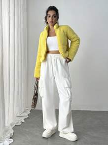 Chiquease 短款纯色羊毛长袖加厚棉服外套冬季 - 黃色 - 查看 3