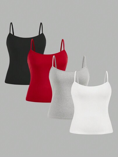 SHEIN Essnce 4 Packs Plus Size Women's Sleeveless Camisole Tank Tops,White,Autumn,Smart Casual,Everyday Curvy Elegant Red Black Gray Design Dot Work Clothes