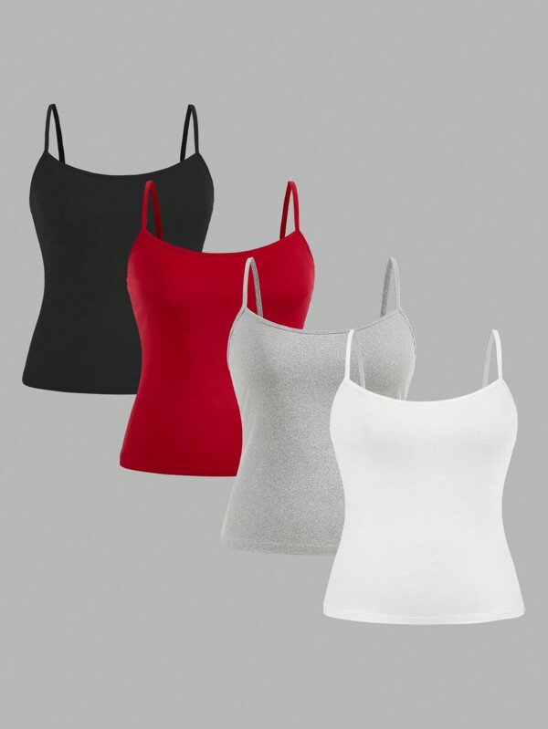 SHEIN Essnce 4 Packs Plus Size Women's Sleeveless Camisole Tank Tops,White,Autumn,Smart Casual,Everyday Curvy Elegant Red Black Gray Design Dot Work Clothes