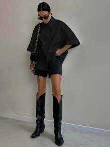 Women's Fashion Spring Summer Autumn Solid Button Up Shirt - 黑色 - 查看 3