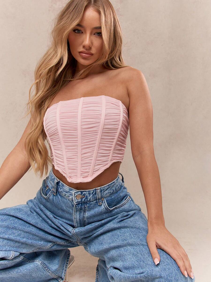 MISSGUIDED Ruched Boned Corset Curve Hem Bandeau Top - Pink - View 1