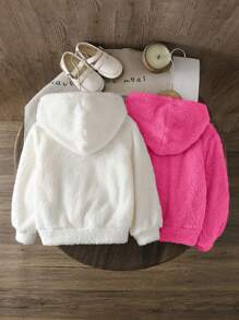 Kaufe 1, Erhalte 1 Gratis - 2 Stücke/Set komplett passend für Kleine Mädchen, einfarbiges Set mit Buchstaben-Applikation und flauschigem Teddy-Kapuzenpullover, aus Strick und Fleece, locker und lässig, für Herbst und Winter, Preppy-Stil, Schulanfang (Rosa, Beige)