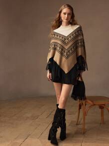 MOTF PREMIUM 人字形图案撞色流苏下摆斗篷毛衣 - 彩色 - 查看 8