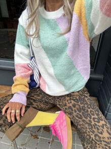 SHEIN Unity Vintage French Style Colorblock Loose Sweater For Women, Knit Pullover Fall Winter - Multicolor - View 4