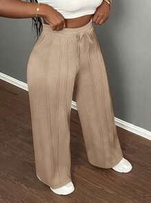 Slaydiva Pantalones rectos de color liso con cordón en la cintura, informales - Caqui - Ver 6