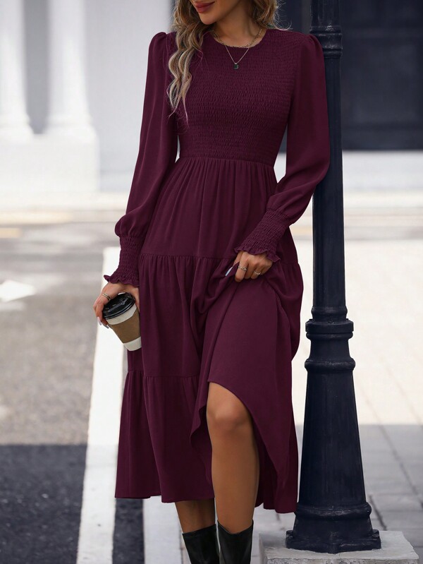 SHEIN Clasi 1pc Casual Solid Color Puff Sleeve Cinched Waist Dress, Suitable For Autumn Burgundy Maxi Women Outfit Long Sleeve Long Dressburgundy Dress Womenelegant Dress Long Sleeve Fall Cloth For Women