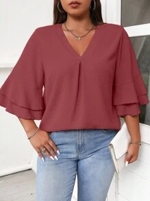 Celure 大码 V 领分层喇叭袖优雅衬衫 - 乾枯玫瑰色 - 查看 3