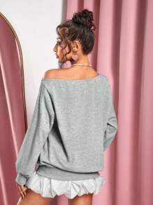 SHEIN SXY Grey Sweatshirt With Bow Print & Dropped Shoulders, Autumn/Winter Pullover Fall - Grey - View 2