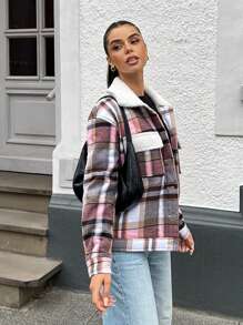 SHEIN EZwear Femei, culoare contrastantă, guler pufos, cu mânecă lungă, buzunar cargo, în carouri, toamnă/iarnă - Kaki - Vizualizare 4