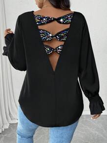 Calvaya 大码缎面面料衬衫，带亮片拼布、V 形后背镂空、3 层亮片蝴蝶结装饰和荷叶边袖口，适合外出、度假和聚会休闲穿着