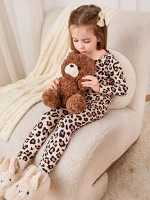 Cozy Pixies 2pcs Young Girl Wavy Pattern Soft Knitted Crew Neck Long Sleeve Top And Long Pants Snug Fit Pajama Set