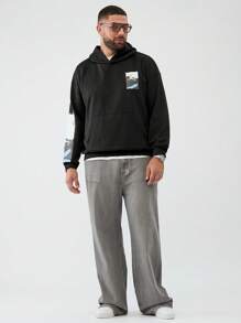 Manfinity NXTstreet Felpa con cappuccio casual con taschino e stampa paesaggistica, vestibilità ampia per uomo taglia forte