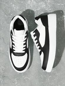 Beok 女士时尚百搭白黑撞色低帮休闲运动鞋万圣节圣诞节学生鞋滑板鞋秋冬休闲运动鞋 - 黑與白 - 查看 1