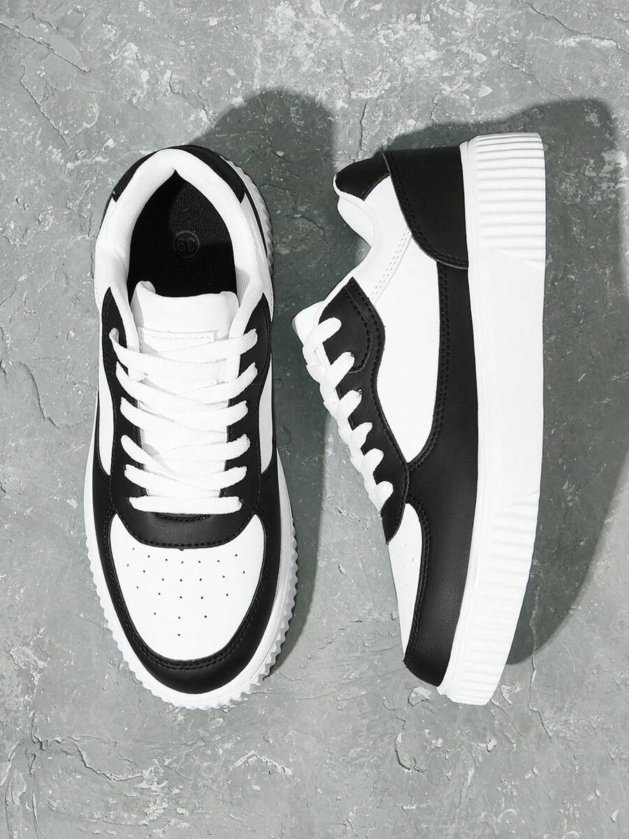 Beok 女士时尚百搭白黑撞色低帮休闲运动鞋万圣节圣诞节学生鞋滑板鞋秋冬休闲运动鞋 - 黑與白 - 查看 1