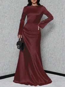 SHEIN Tall Women's Trumpet Sleeve Mermaid Dress - Burgundy - View 3
