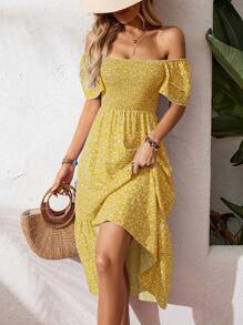 Breezaya 夏季休闲假日碎花荷叶边袖直筒连衣裙超长度假海滩装女装 - 黃色 - 查看 6