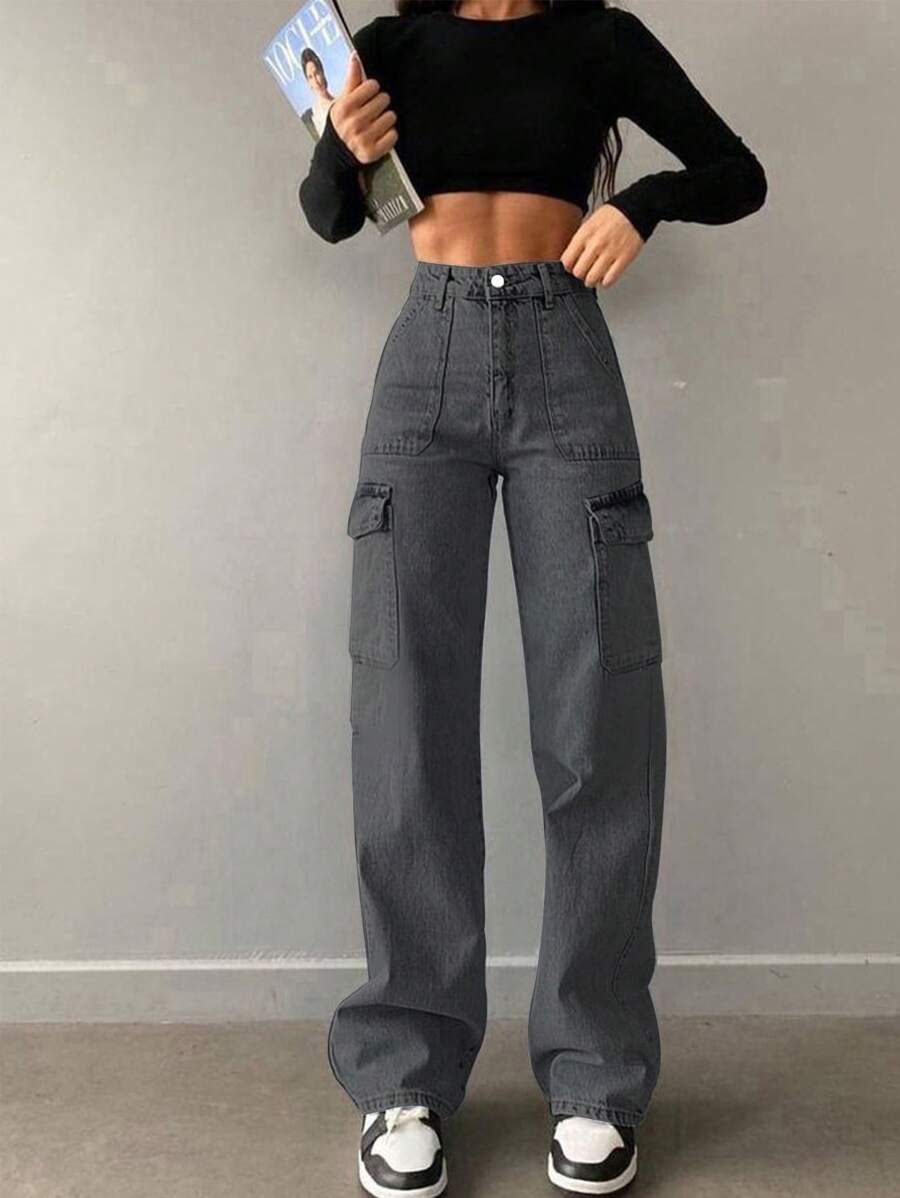 女士美式休闲百搭基本款中腰直筒工作牛仔裤 - 深灰色 - 查看 1