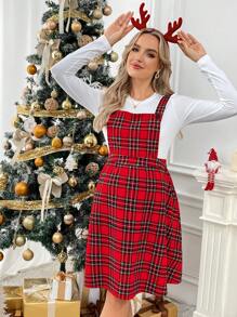 SHEIN Christmas Maternity Red Plaid Pattern Loose Fit Pinafore Dress, For Pregnant Women - Red - View 3