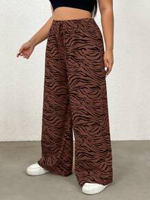 SHEIN EZwear Pantalones rectos con estampado de cebra de talla grande, estilo casual